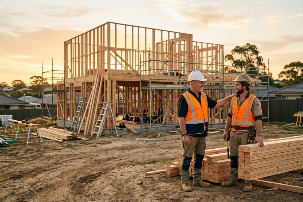 A site supervisor and a carpenter talking quietly beside a stack of timber on a residential build at the end of the day