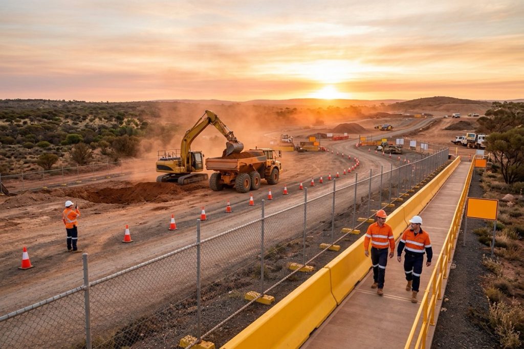 An excavator working inside a fenced exclusion zone while a spotter with a radio guides it and pedestrians use a separate barricaded walkway
