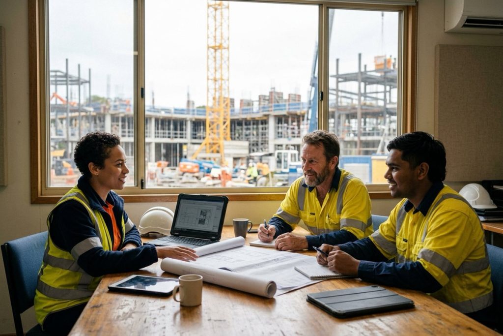 A project team discussing a building project in a site office