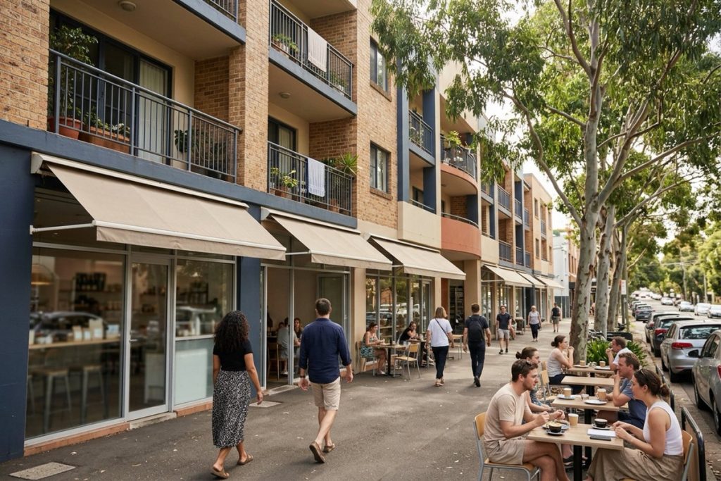 A mixed-use building with shops below and apartments above