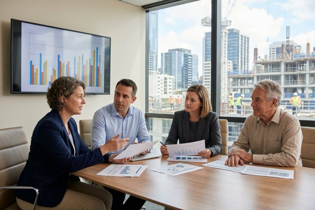 Directors of a building company reviewing a safety report at a board meeting