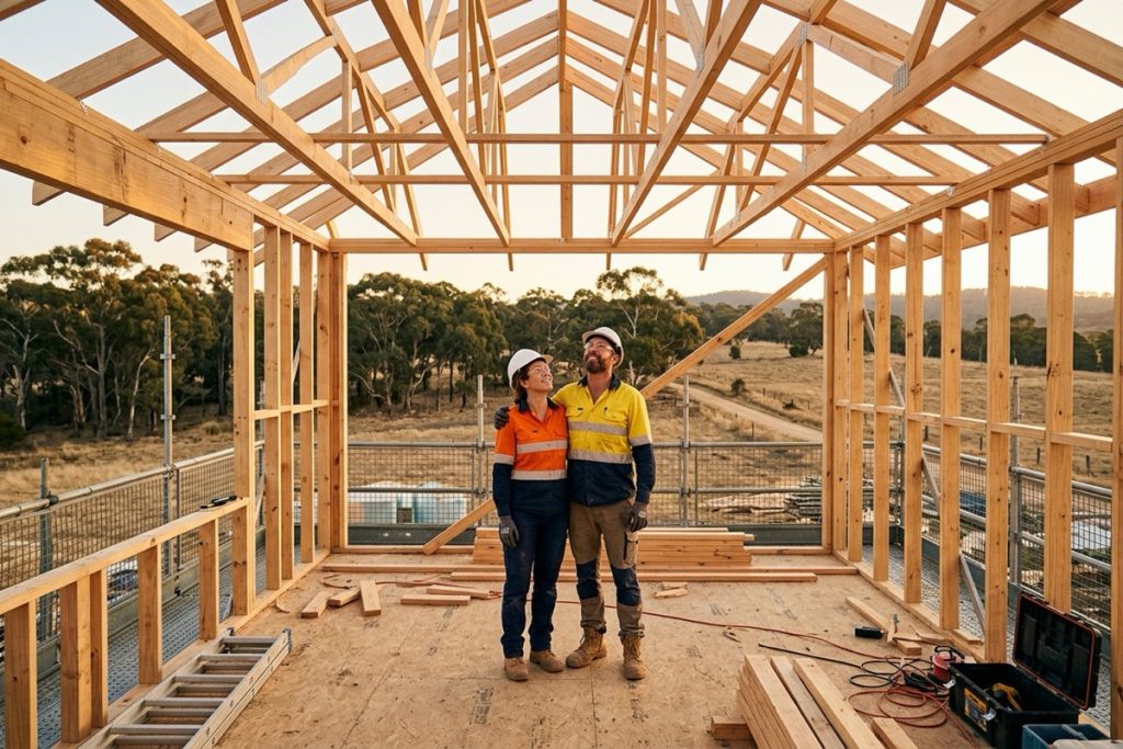 An owner-builder couple in hard hats and hi-vis standing on the deck of their part-built timber home in rural Australia at golden hour, looking over the frame