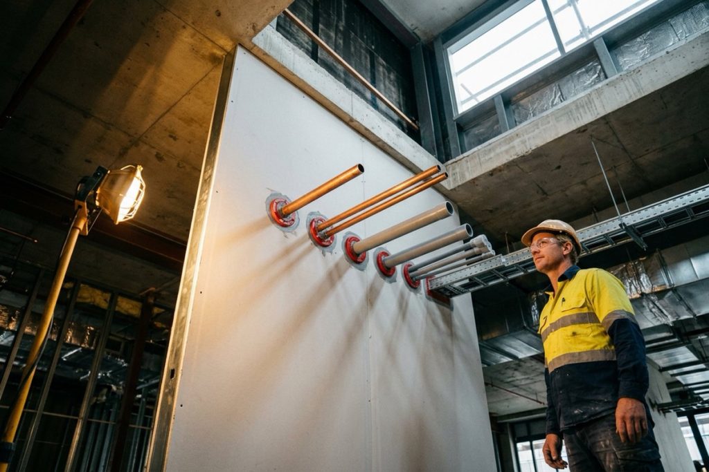 A fire-rated plasterboard wall in a commercial ceiling space with neatly sealed pipe and cable penetrations