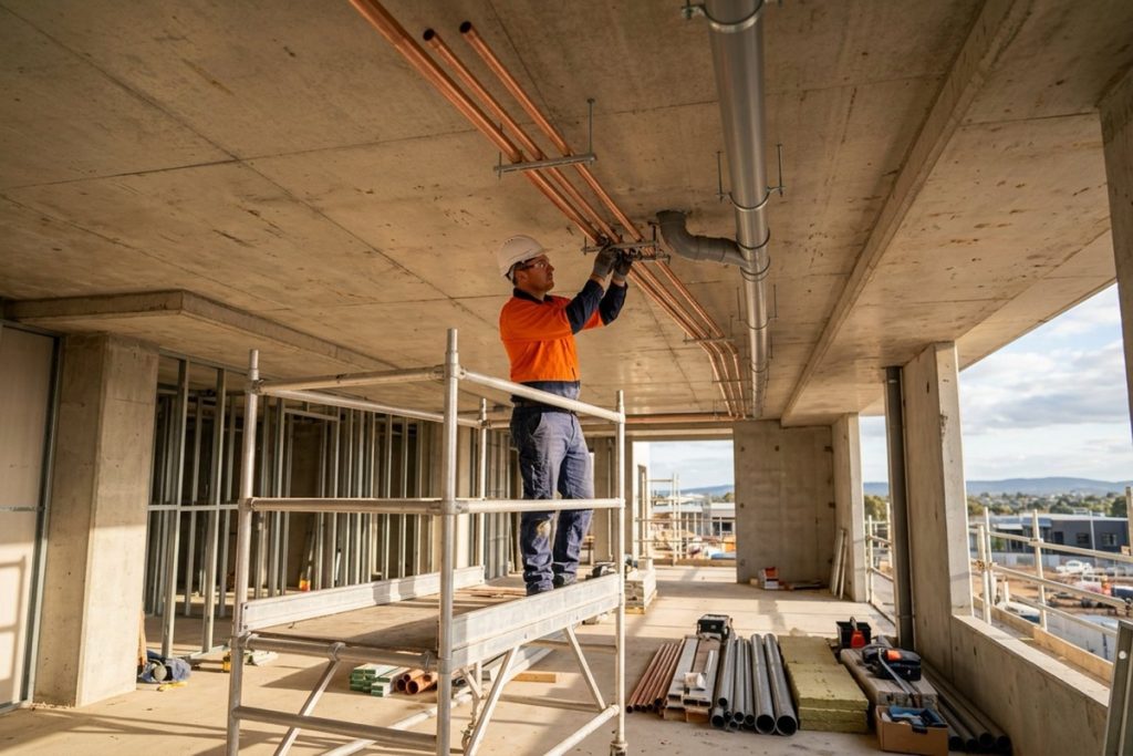 A plumber in safety glasses fitting copper pipework in the open ceiling of a new apartment building