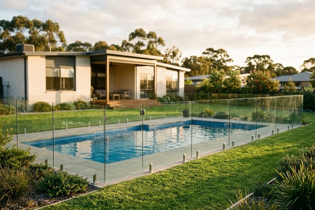 A backyard swimming pool behind a frameless glass pool fence with a closed gate