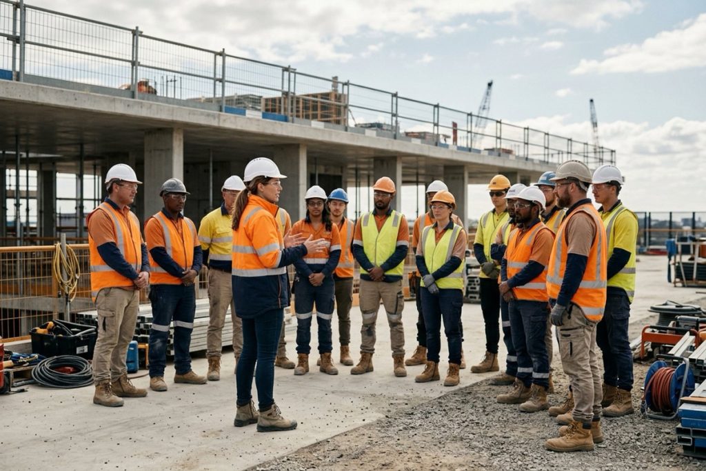 A construction company manager leading a respectful workplace briefing with a mixed crew on site