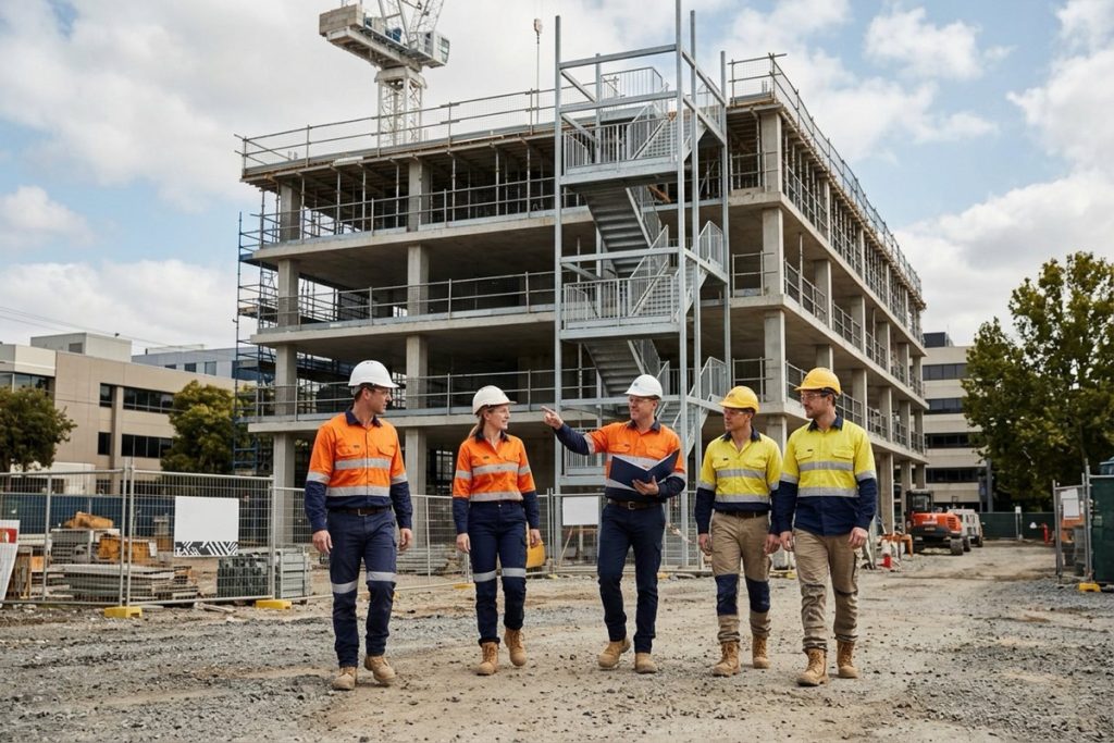 A site manager walking a construction project with subcontractor supervisors and the site safety plan