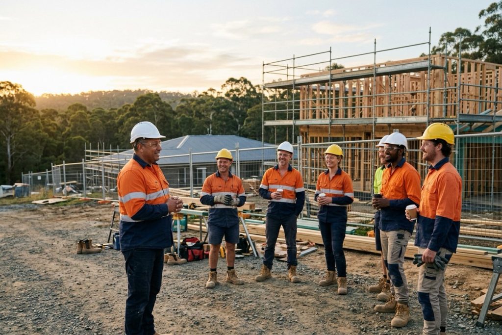 A site supervisor leading a calm morning pre-start meeting with a small construction crew