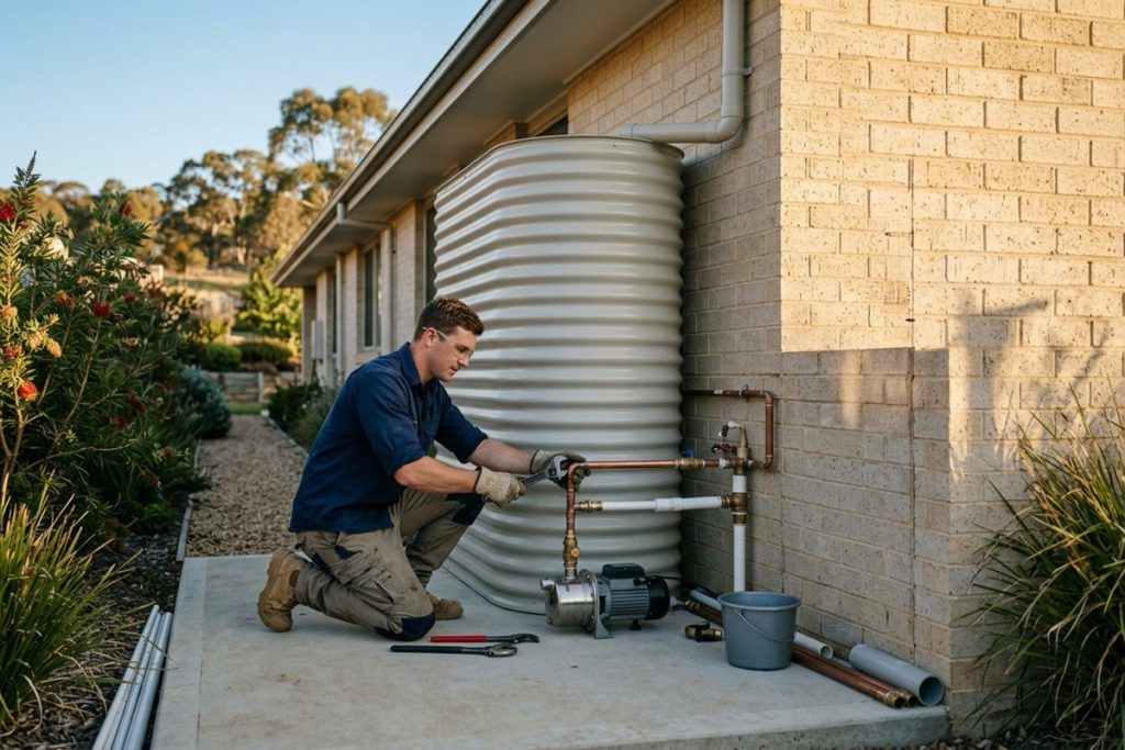 A plumber connecting a rainwater tank pump and changeover device beside a new suburban home