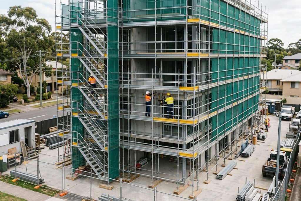 A fully decked modular scaffold with guardrails and stair access on a mid-rise building under construction
