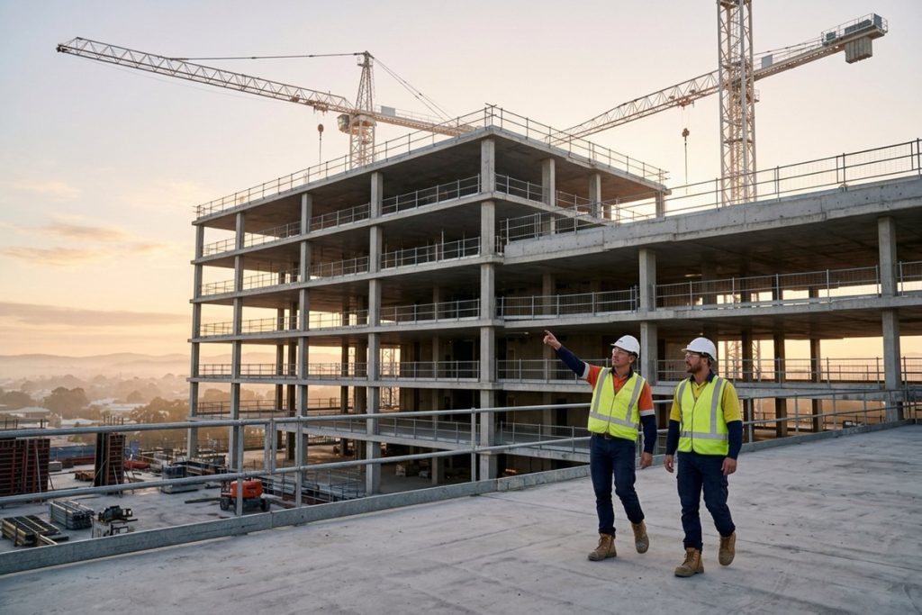 A site supervisor and a subcontractor reviewing progress on a large Australian commercial building site at sunrise, cranes and concrete frame behind them