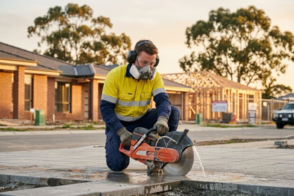 A tradesperson wet-cutting a concrete paver on a residential building site while wearing a half-face respirator
