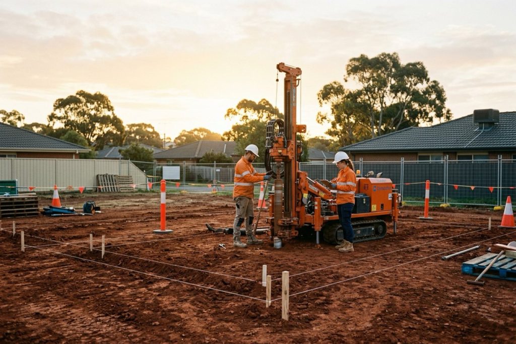 A geotechnical engineer and a driller beside a small drilling rig taking soil samples on a cleared suburban block