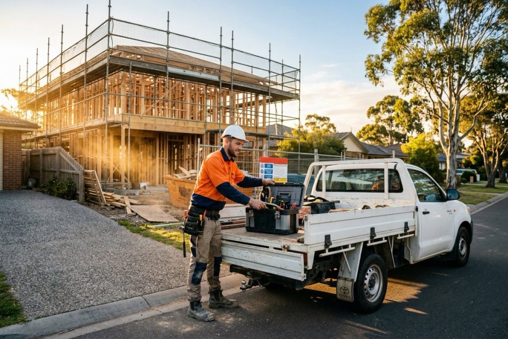 A tradesperson-turned-builder loading tools into a plain white ute outside a timber-framed house under construction in an Australian suburb at sunrise