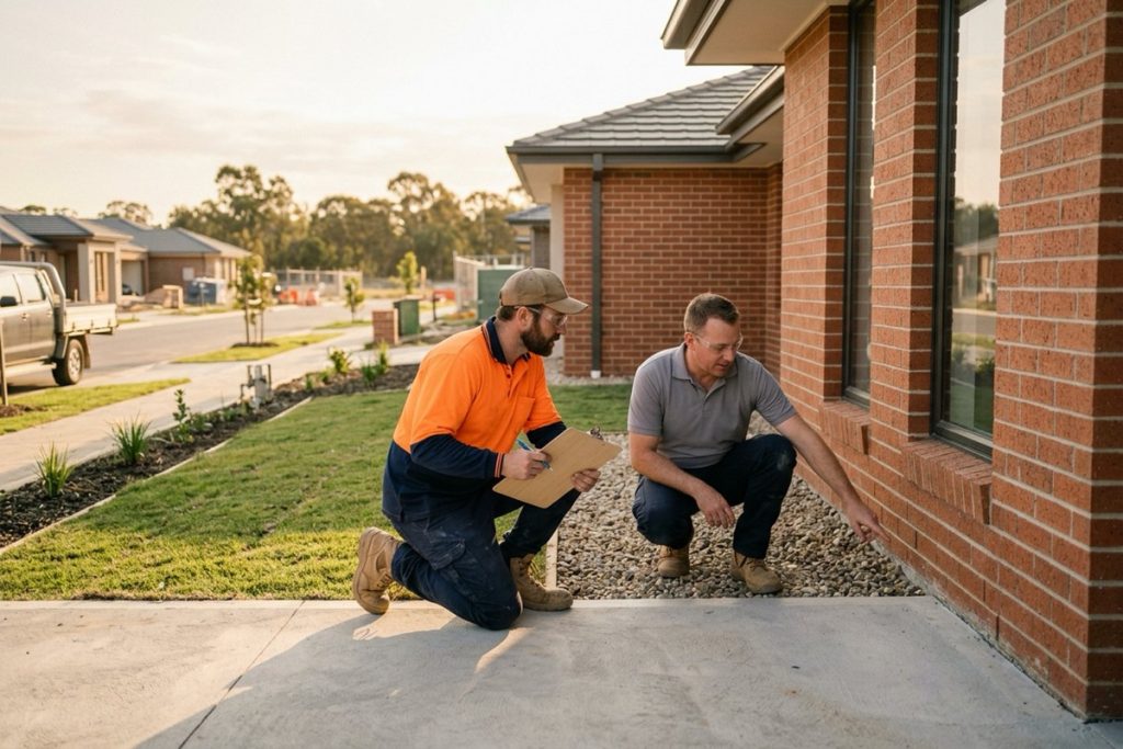 A builder and a pest manager inspecting a termite management system at the edge of a new house slab in warm afternoon light