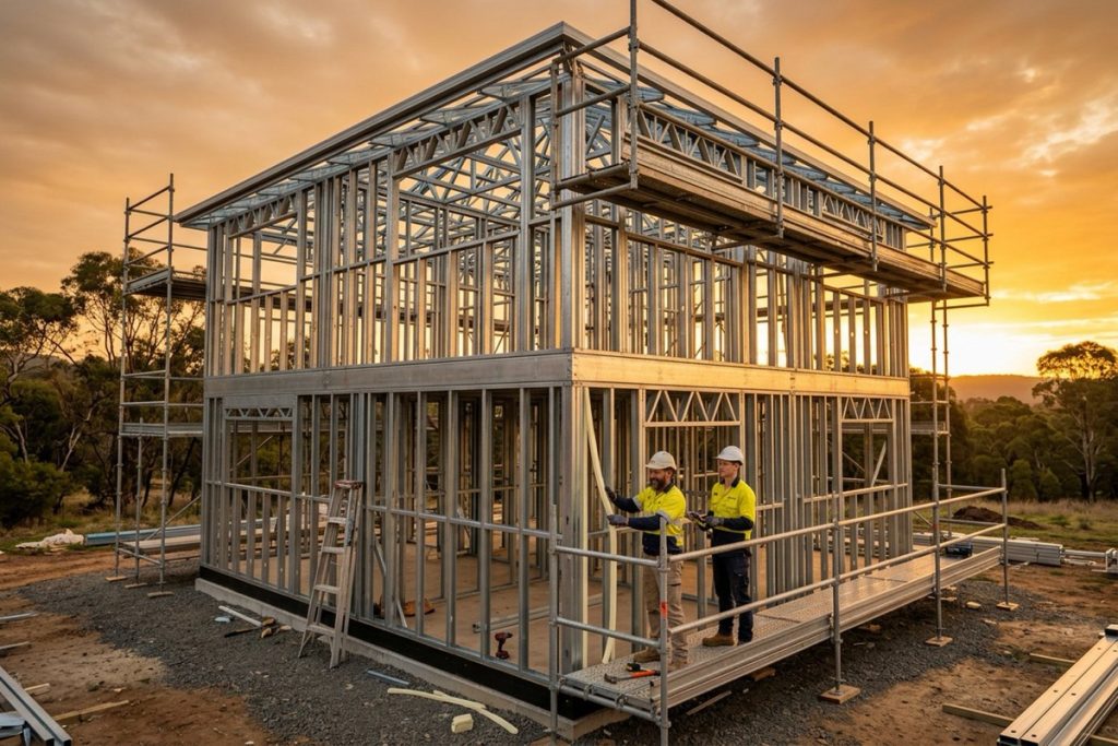 A steel-framed house under construction at golden hour with insulation and thermal break strips being fitted
