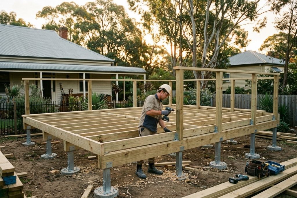 A carpenter fixing joists to a bearer on a raised timber deck frame at the back of a weatherboard house