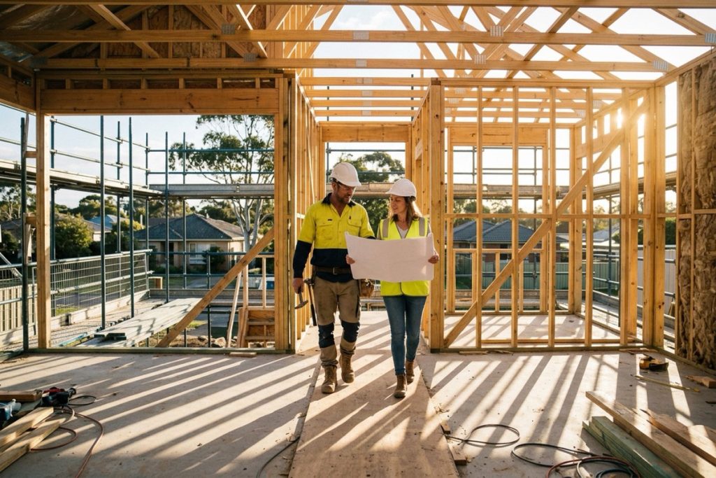 A builder and a client walking through a timber-framed house under construction, reviewing a change to the floor plan in soft morning light