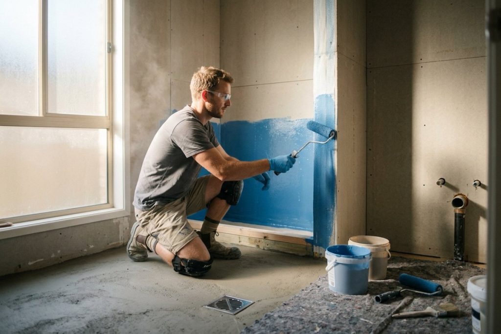 A waterproofer applying a liquid membrane to the walls and floor of a new bathroom before tiling