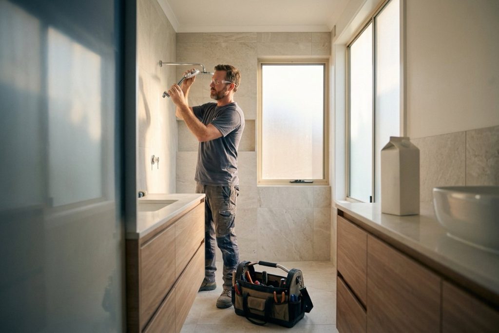 A plumber fitting a chrome showerhead in a newly tiled bathroom, with an unbranded product carton on the vanity