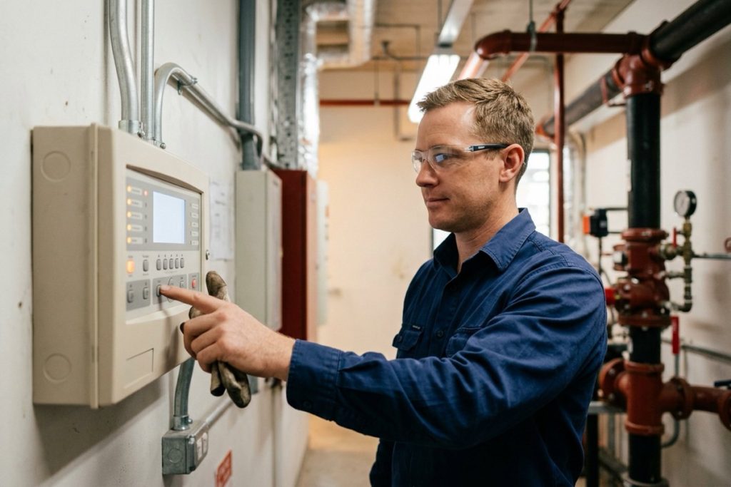 A fire protection technician testing a fire detection panel in a commercial building plant room