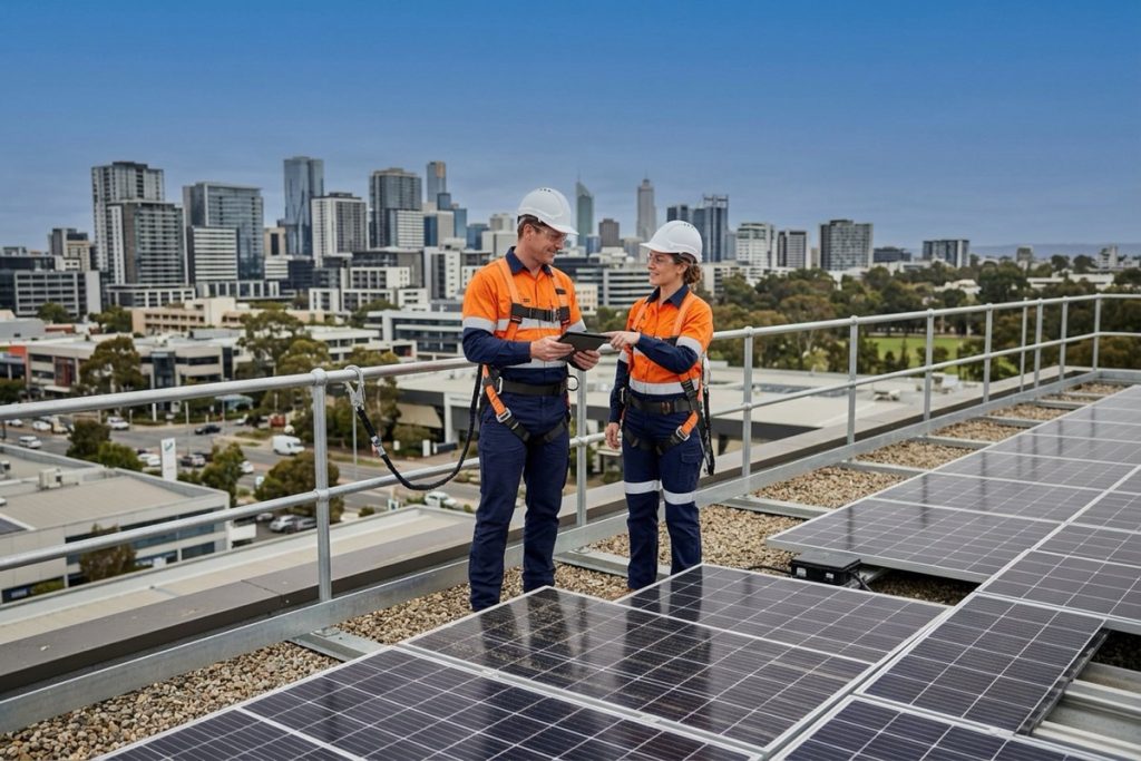 Technicians inspecting a rooftop solar array on a commercial building