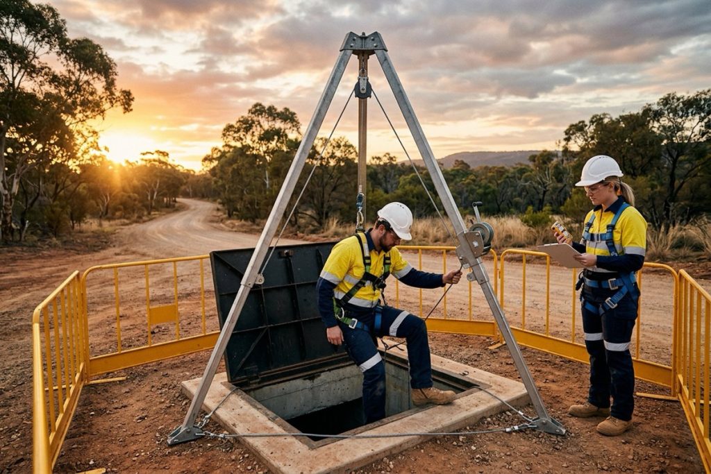 A standby person monitoring a gas detector beside an open access pit while a harnessed worker descends on a tripod winch