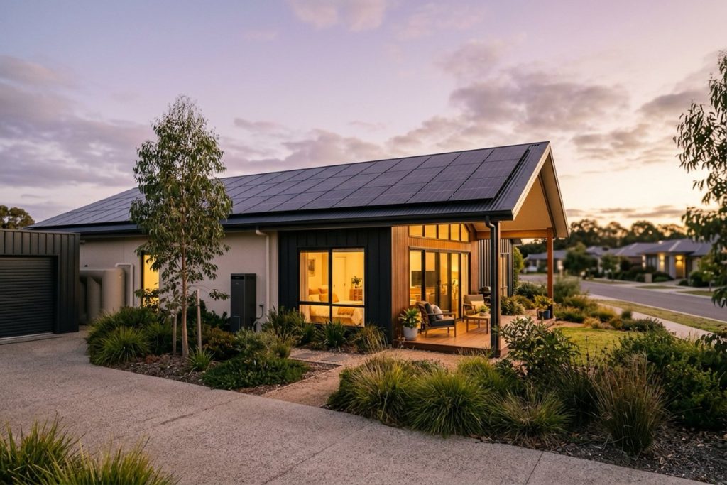 A modern all-electric Australian home with rooftop solar panels and deep eaves glowing at sunset