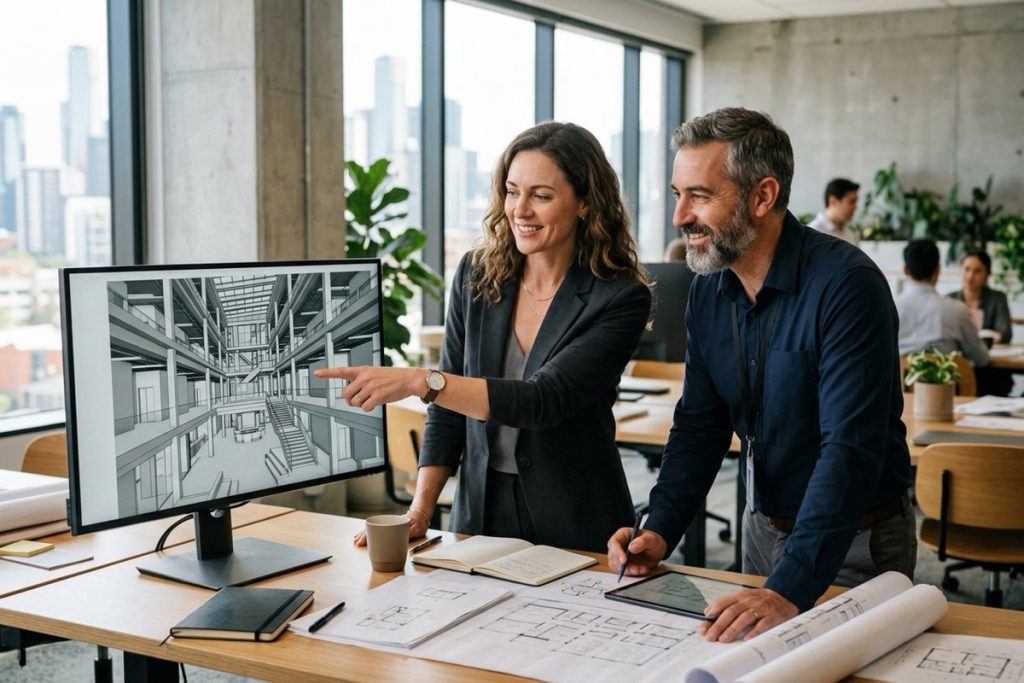 A fire engineer and architect reviewing a 3D building model