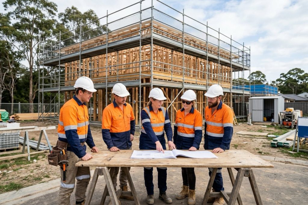 A supervisor and crew reviewing a safe work method statement on a residential building site