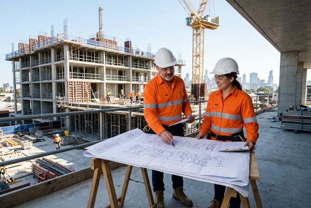 A building surveyor and site supervisor reviewing drawings on an apartment construction site