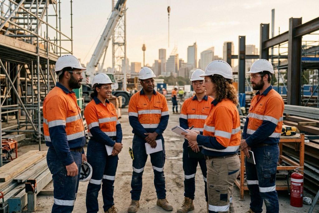 A supervisor giving a morning safety briefing to a construction crew
