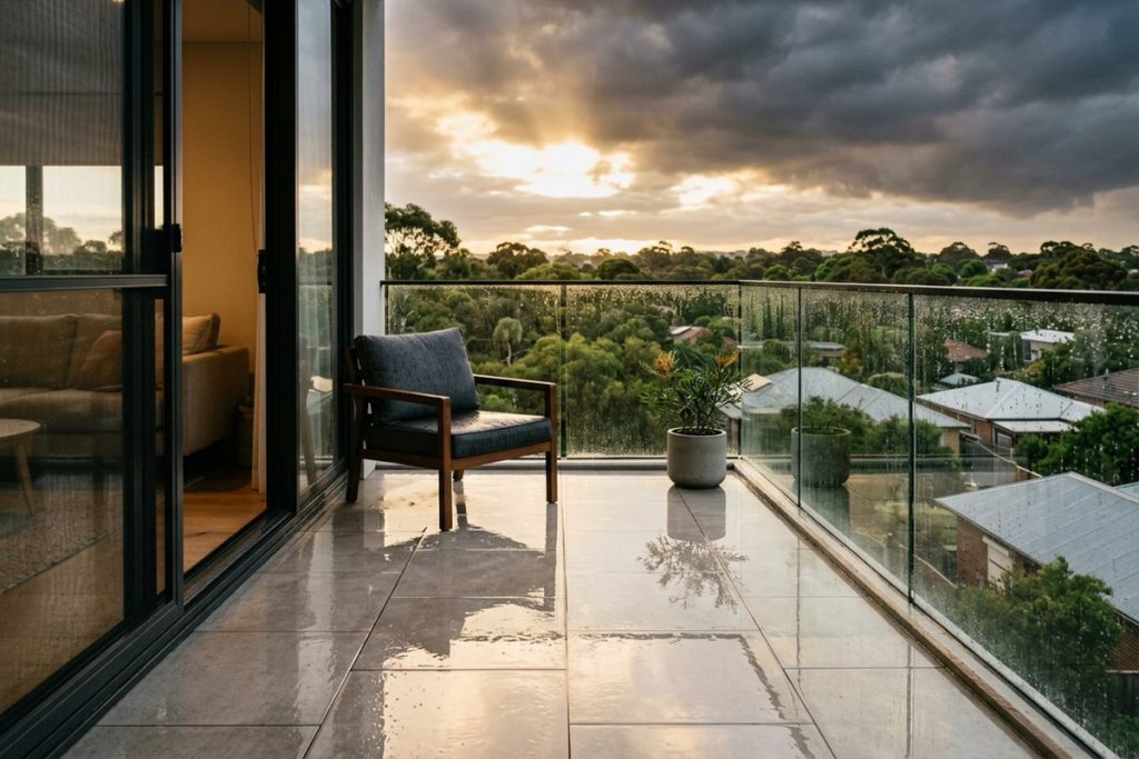 An apartment balcony after rain, with water pooling near the sliding door threshold