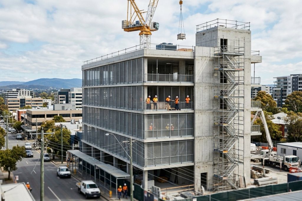 A building under construction with full perimeter edge protection and scaffolding