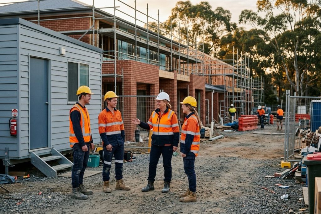 A supervisor and two workers talking calmly together beside a site amenities building